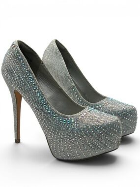 Dream Pairs Silver Rhinestone Platform Pumps Stiletto Heels Prom Party Bling 9.5